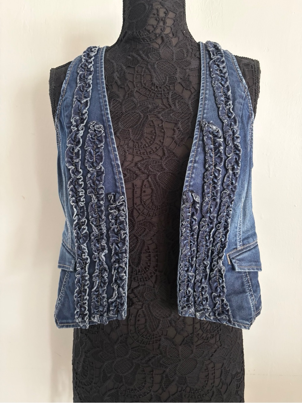 Chico's Denim Blue Ruffle Front Vest